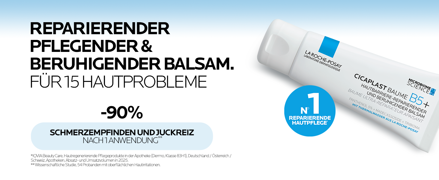 La Roche Posay Cicaplast Baume B5+ Tube, mit Siegeln und Icons.
